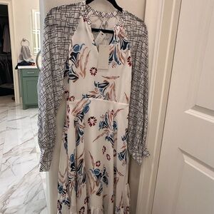 Joie Cream and Blue Sundress with Long Bishop Sleeves and V-Neck